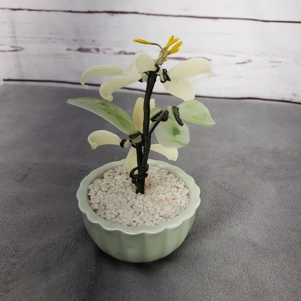 Taiwanese Spinach Jade & Semi Precious Gems Bonsai Tree, Vintage Bonsai Tree, Fl